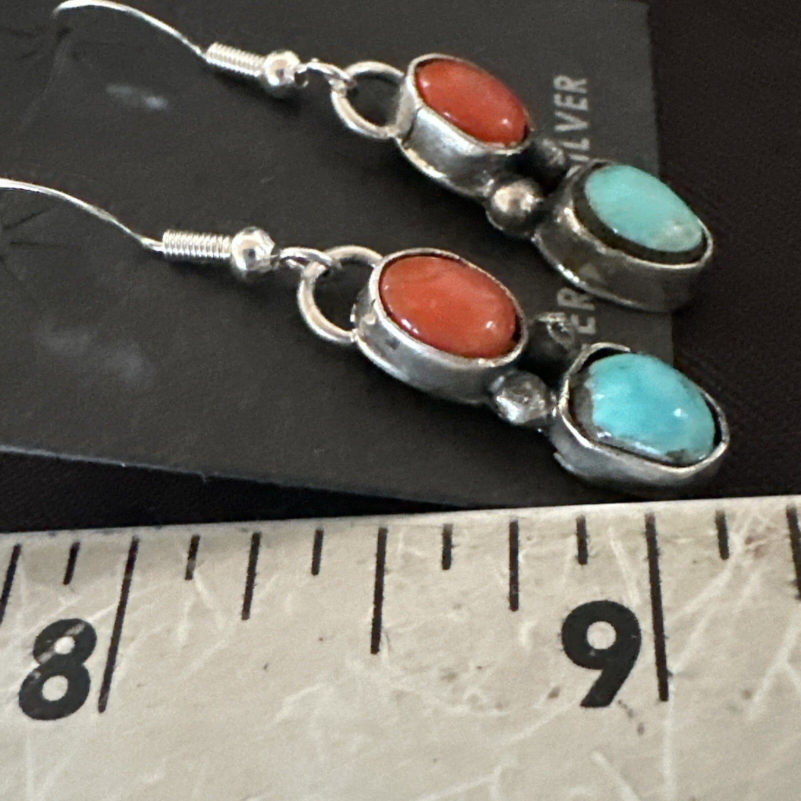 Handmade Blue Turquoise Red Coral Sterling Silver Navajo Dangle Earrings 18846