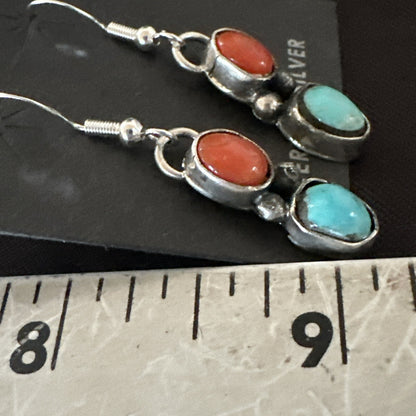 Handmade Blue Turquoise Red Coral Sterling Silver Navajo Dangle Earrings 18846