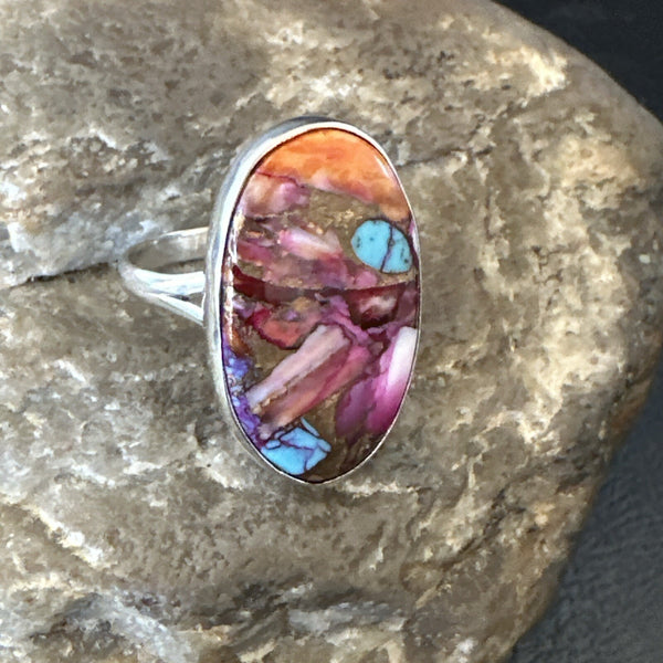 Blue Turquoise Spiny Oyster Southwestern Ring Size 8 | Sterling Silver | Authentic Native American Handmade | 18429