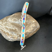 Blue Turquoise Spiny Navajo Old Pawn Inlay Bracelet 7.5" | Sterling Silver | Authentic Native American Handmade | 18127