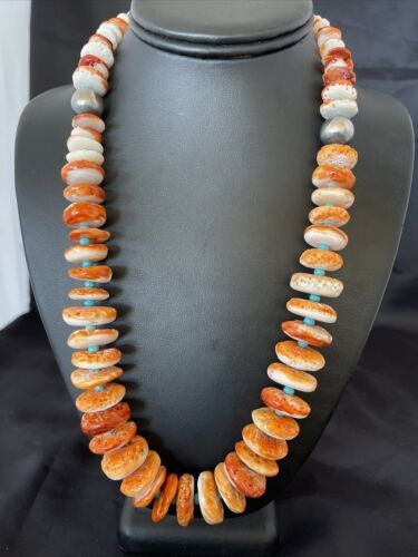 Navajo Turquoise & Orange Spiny Oyster Necklace Graduated 22" 10587