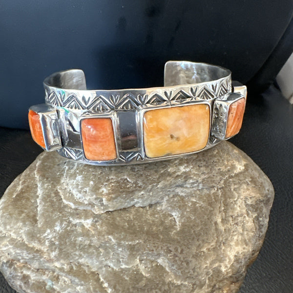Orange Spiny Oyster 5 Stone Row Navajo Cuff Bracelet 7.7" | Sterling Silver | Authentic Native American Handmade | 19478