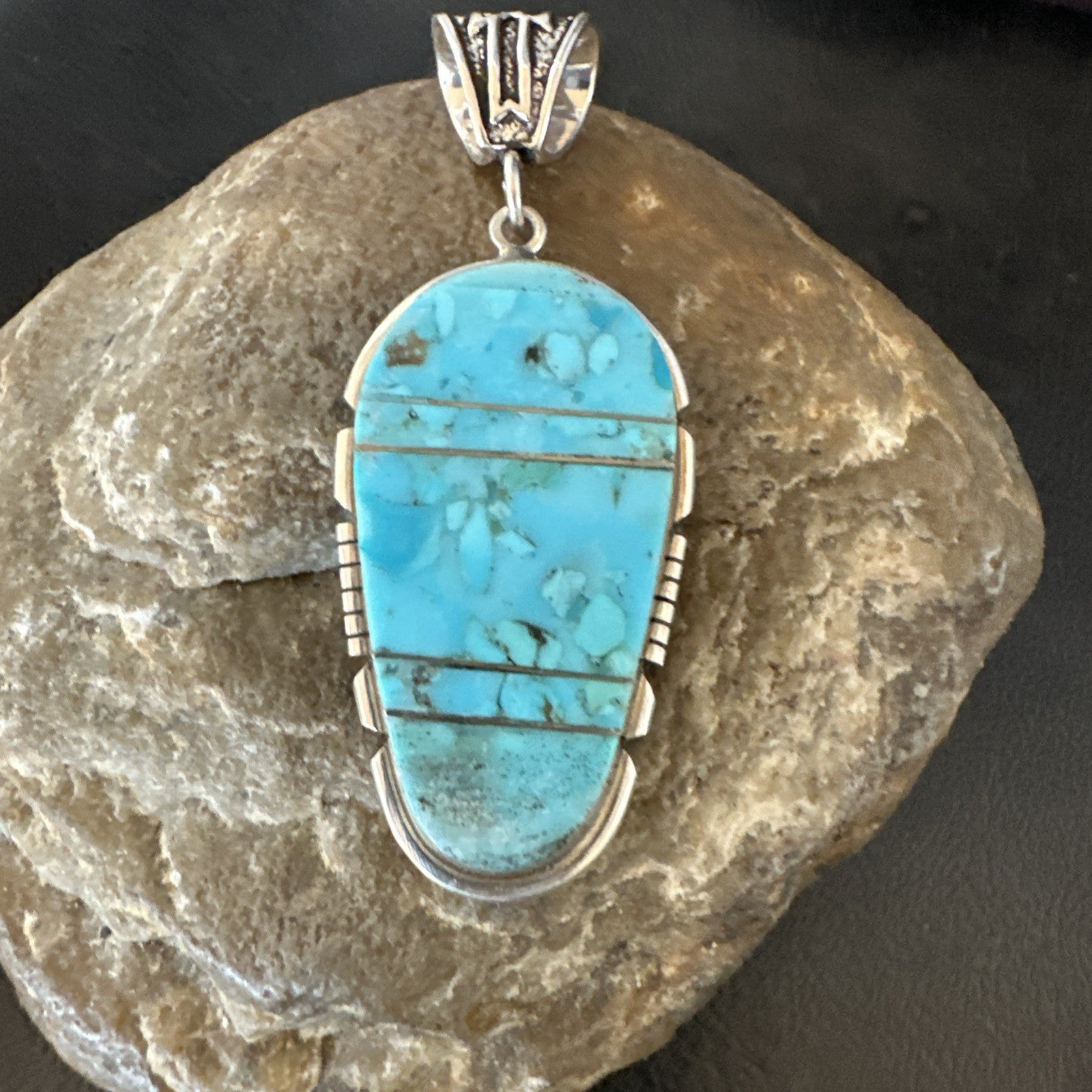 Navajo B E Inlay 925 Sterling Silver Turquoise Pendant Cobblestone 2.5" 19399