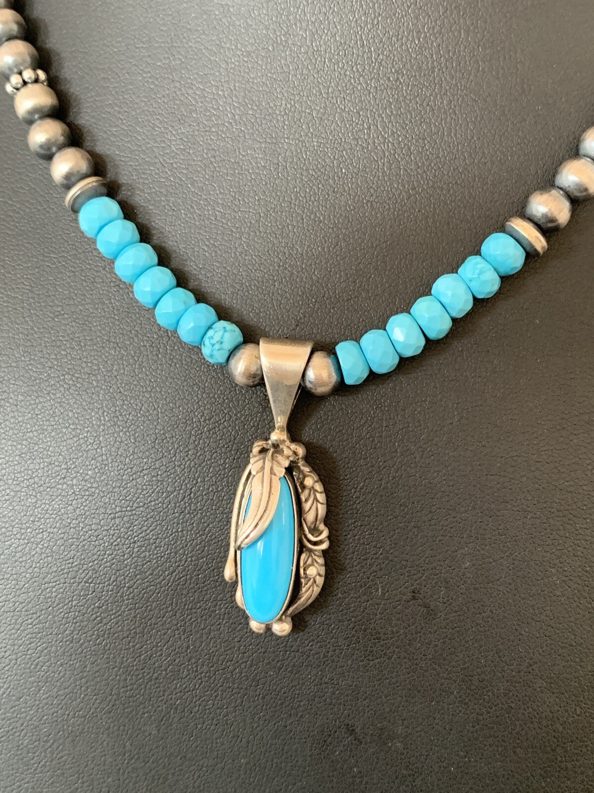 Blue Faceted Turquoise Sterling Silver Necklace Sleeping Beauty Pendant 00564