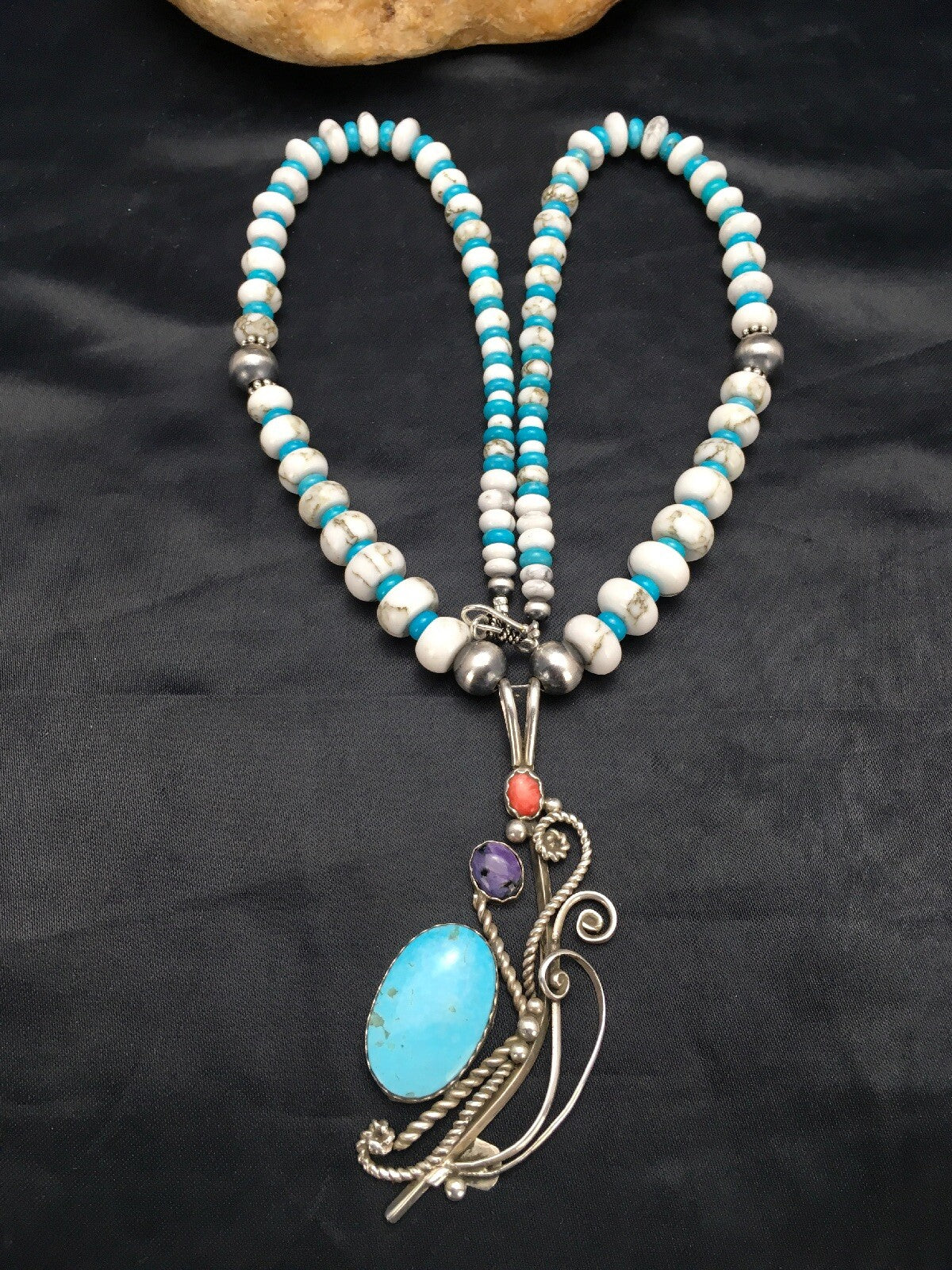 Kingman Turquoise Pendant Navajo Sterling Silver Necklace 03043