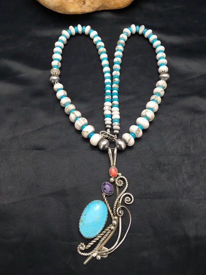 Kingman Turquoise Pendant Navajo Sterling Silver Necklace 03043