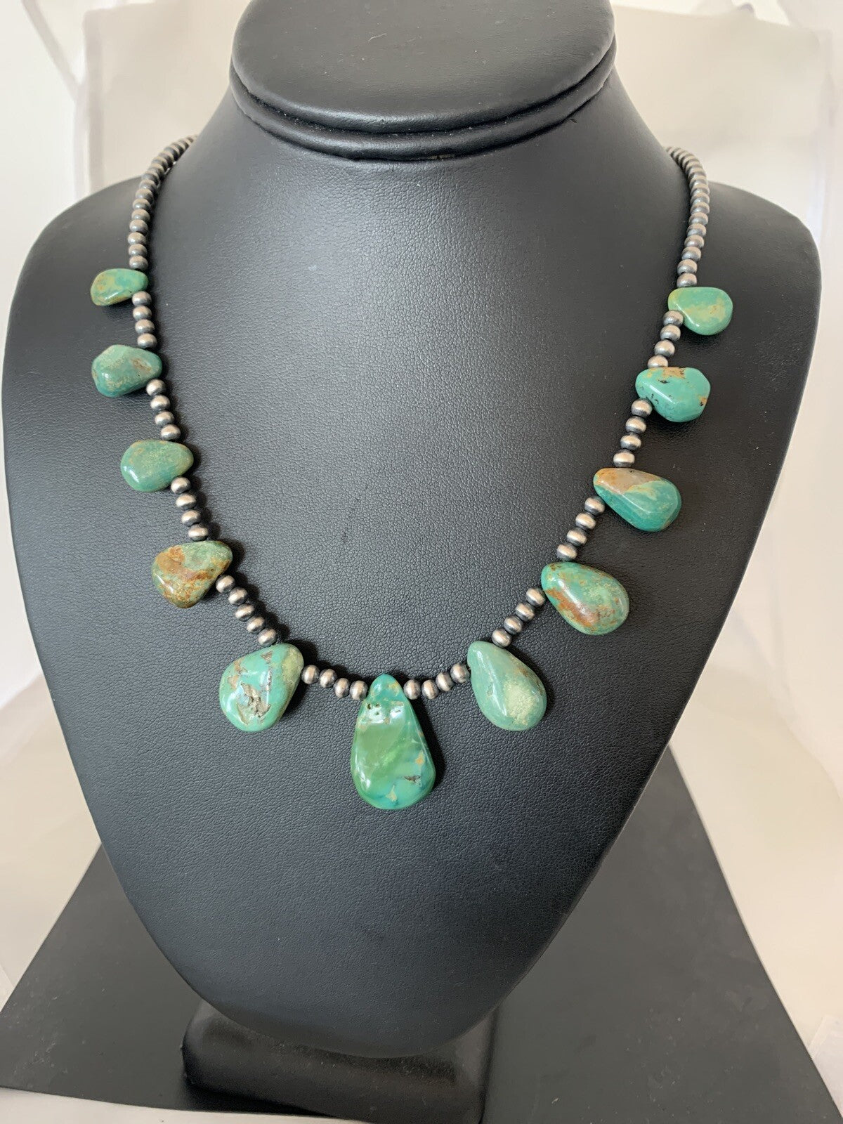 Native Navajo Pearls Sterling Silver Green Royston Turquoise Necklace