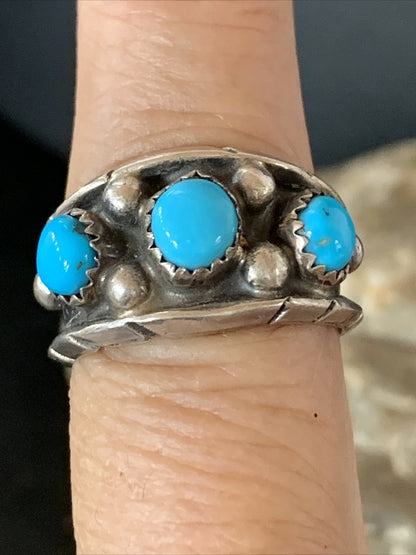 Blue Turquoise 3 stone Navajo Sterling Silver Old Pawn Ring Size 8 10788
