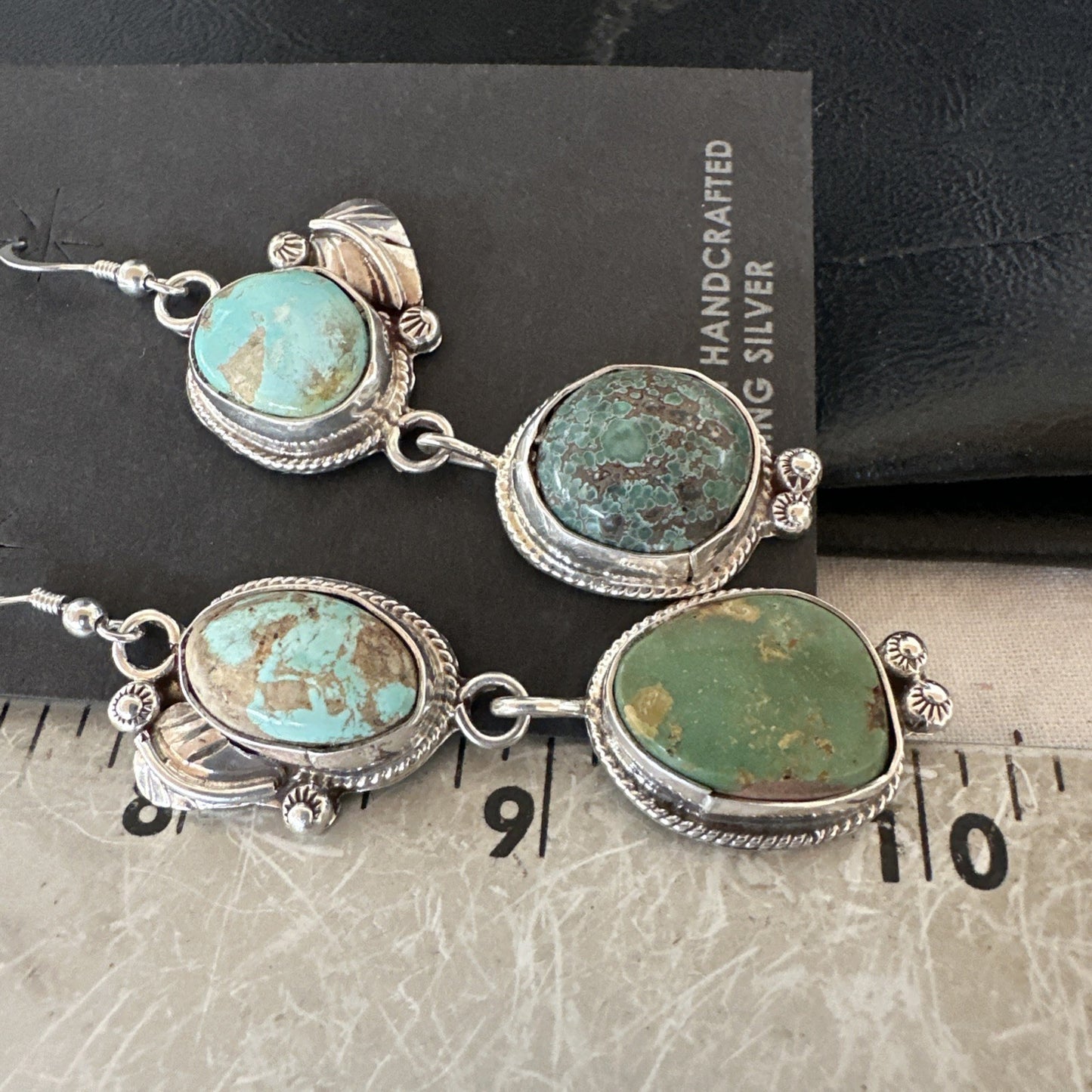 Green Royston Turquoise Navajo Sterling Silver Dangle Earrings 19602