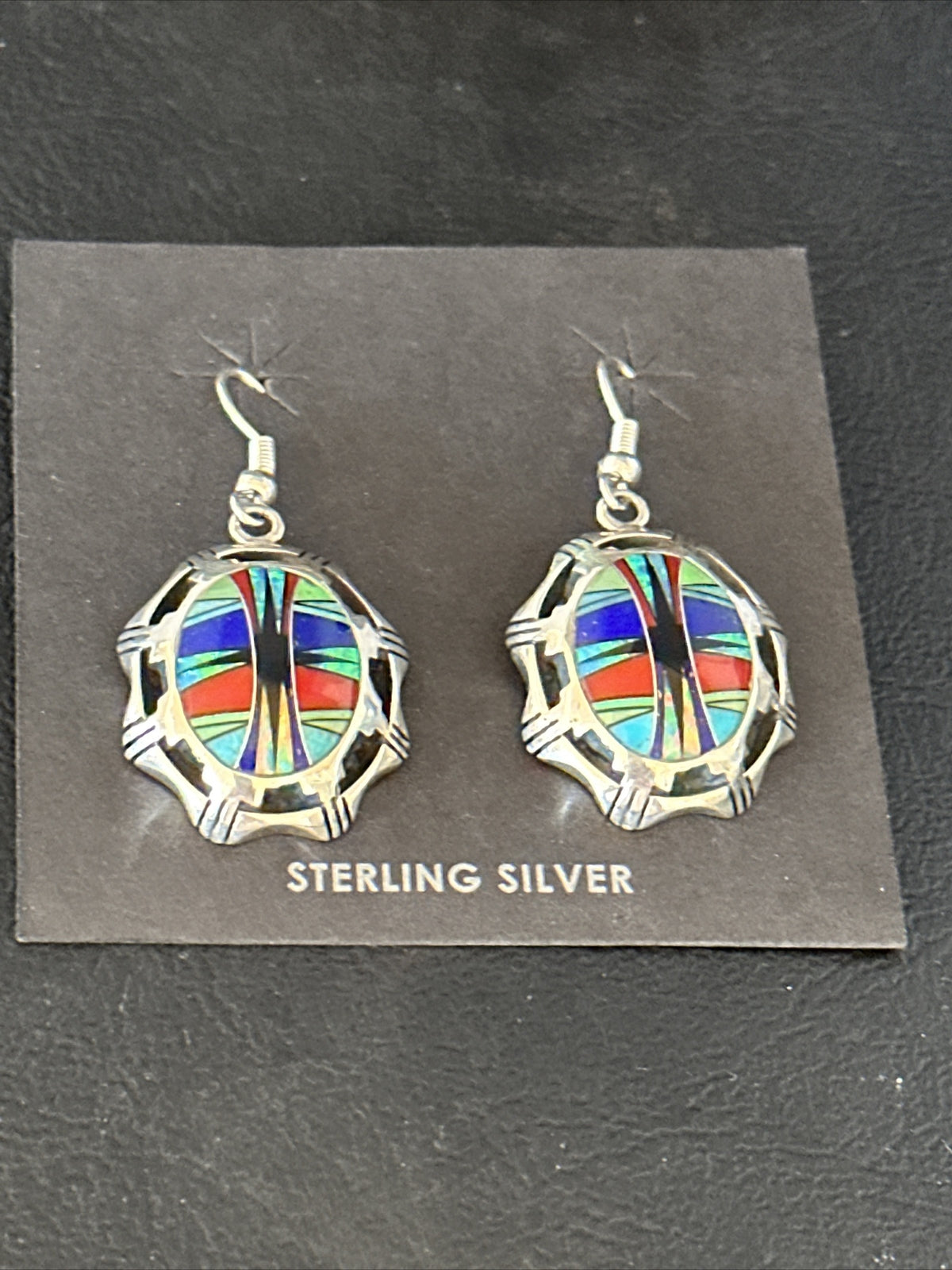 Blue Turquoise & Spiny Oyster Navajo Sterling Silver Inlay Earrings 1” 14763