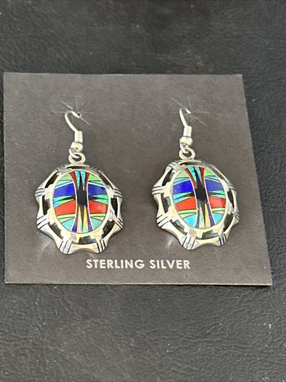 Blue Turquoise & Spiny Oyster Navajo Sterling Silver Inlay Earrings 1” 14763