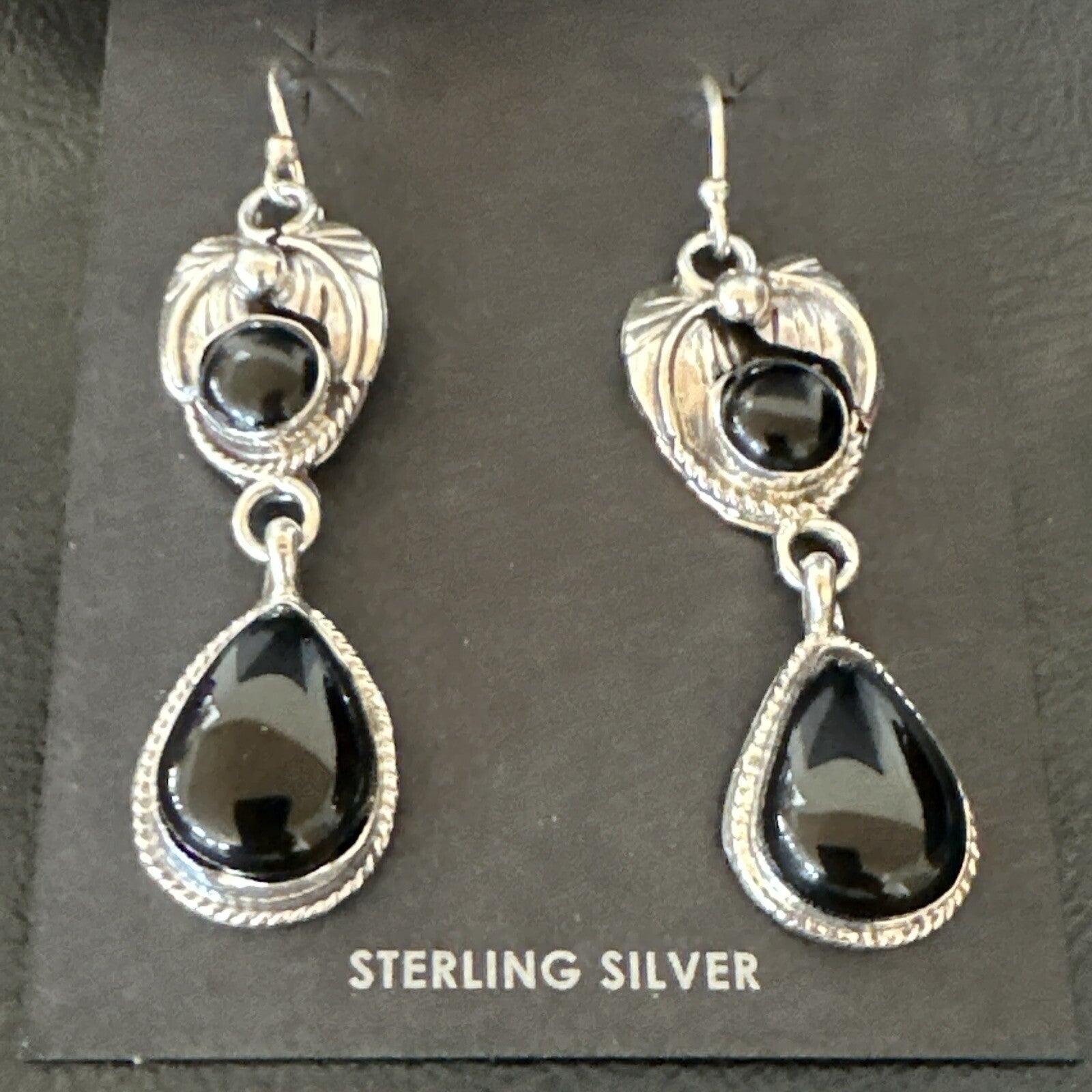 Black Onyx Navajo Sterling Silver Dangle Earrings 1.5" 18287
