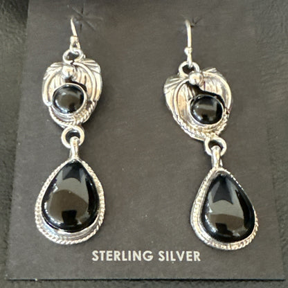 Black Onyx Navajo Sterling Silver Dangle Earrings 1.5" 18287