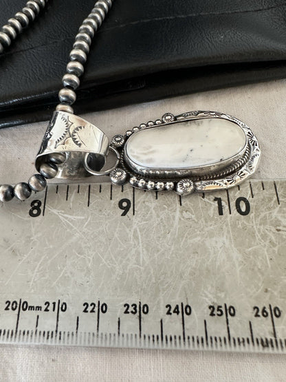 White Buffalo Turquoise Pendant Navajo Pearls Sterling Silver Necklace 19374