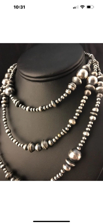 48” Long Navajo Pearls Mixed Bead Sterling Silver Necklace