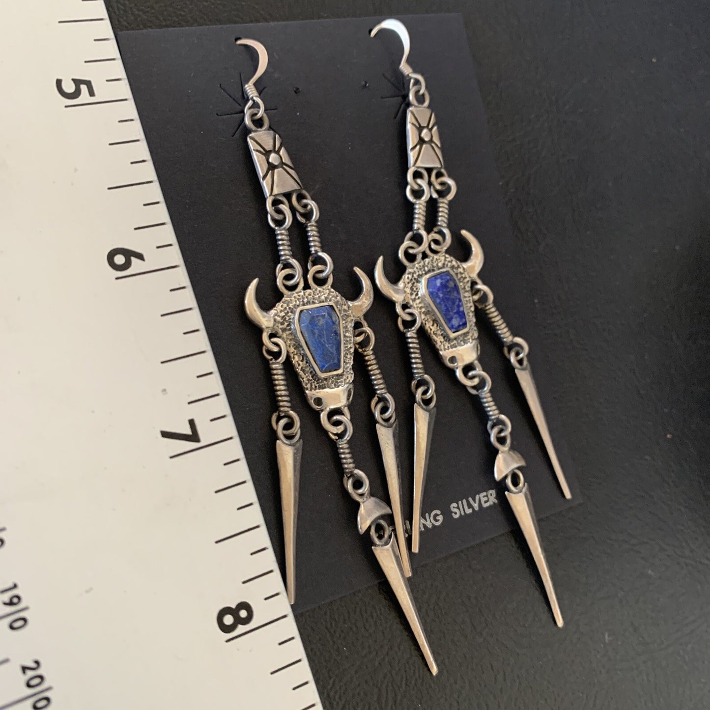 Denim Blue Lapis Lazuli Inlay Navajo Sterling Silver Dangle Earrings 04518