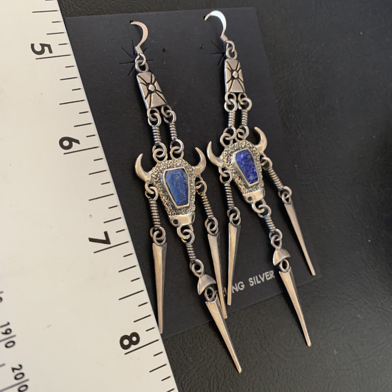 Denim Blue Lapis Lazuli Inlay Navajo Sterling Silver Dangle Earrings 04518
