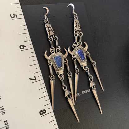 Denim Blue Lapis Lazuli Inlay Navajo Sterling Silver Dangle Earrings 04518