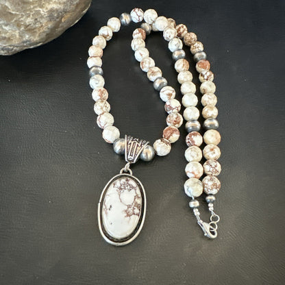 Wild Horse Turquoise Pendant Sterling Silver Beads Howlite Necklace 18031