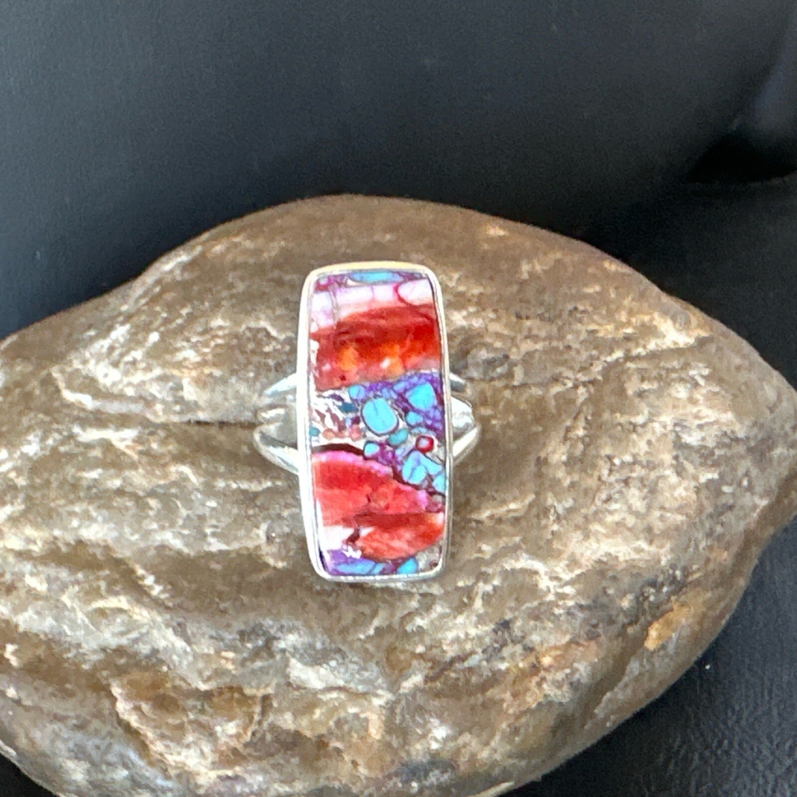 Blue Turquoise Spiny Oyster Southwestern Sterling Silver Ring Size 9 18540