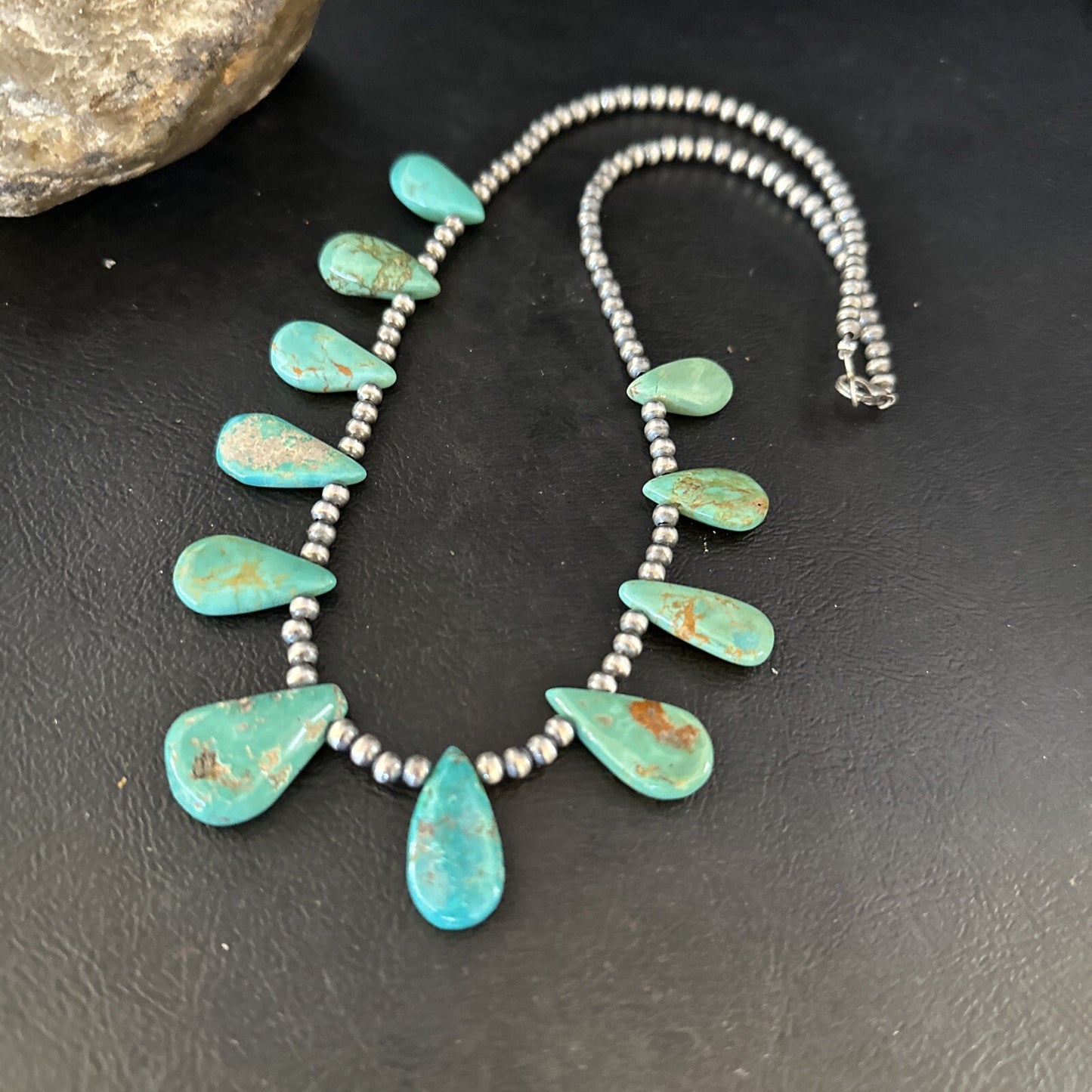 Blue Turquoise Teardrop Navajo Pearls Sterling Silver Necklace 14390