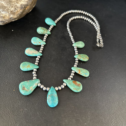 Blue Turquoise Teardrop Navajo Pearls Sterling Silver Necklace 14390