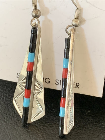 Turquoise & Coral Inlay Navajo Sterling Silver Earrings 1.5" 01710