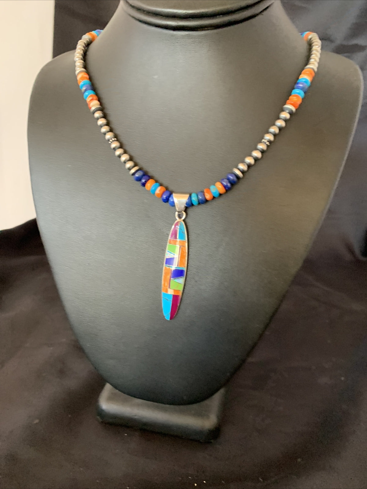 Spiny Oyster & Turquoise Pendant Sterling Silver Beads Necklace 21" 11361