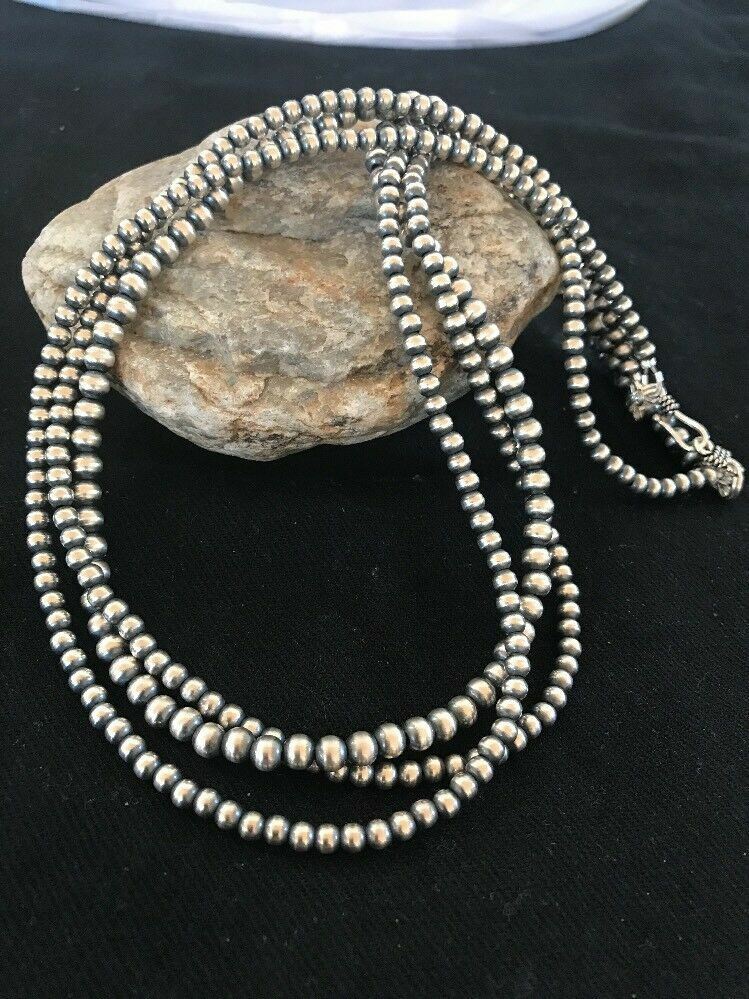 Native American 4, 5, 6 mm Sterling Silver Beads 3 Strand 36” Necklace