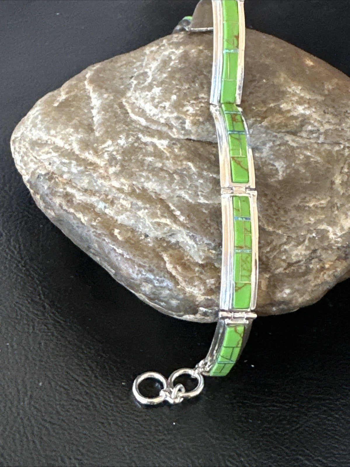 Womens Green Gaspeite Inlay Link Bracelet 7.5” Sterling Silver 19152