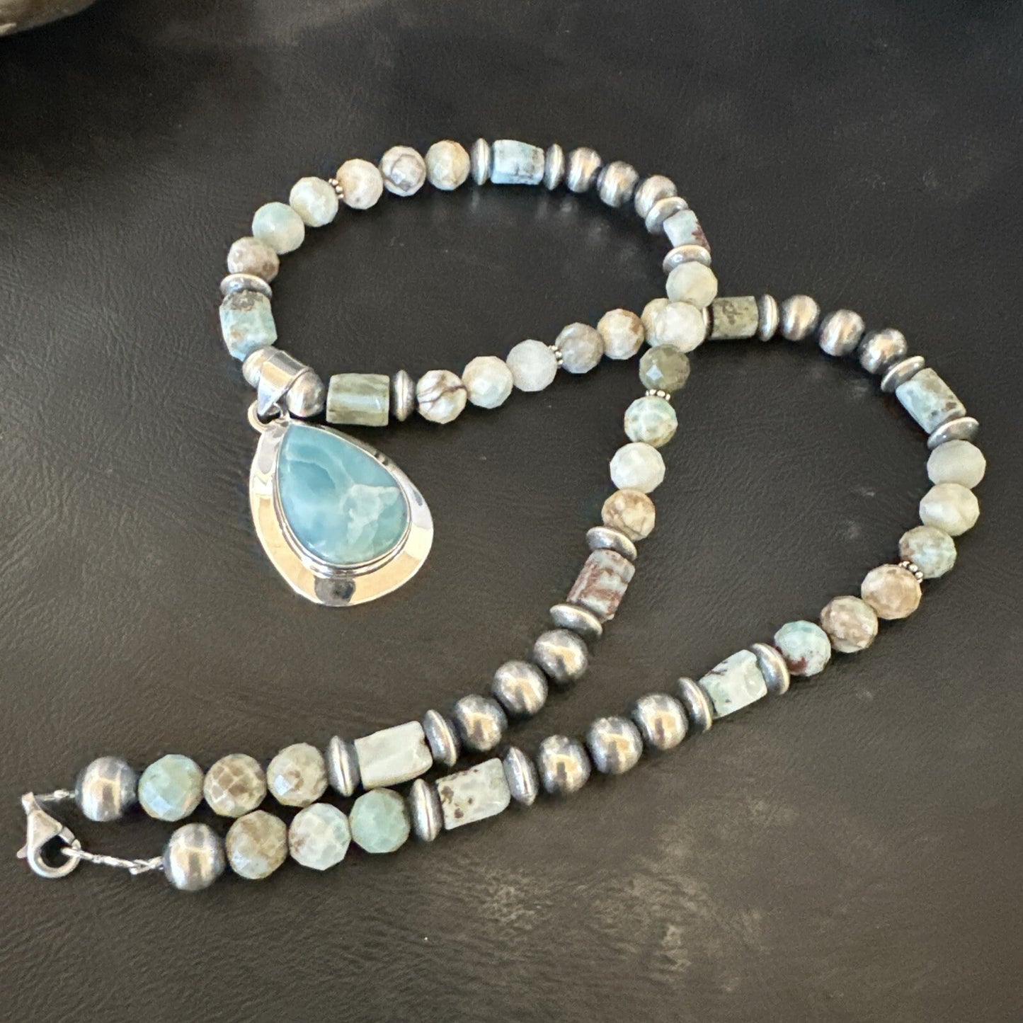 Blue Larimar Pendant Navajo Sterling Silver Natural Necklace 21" 17760