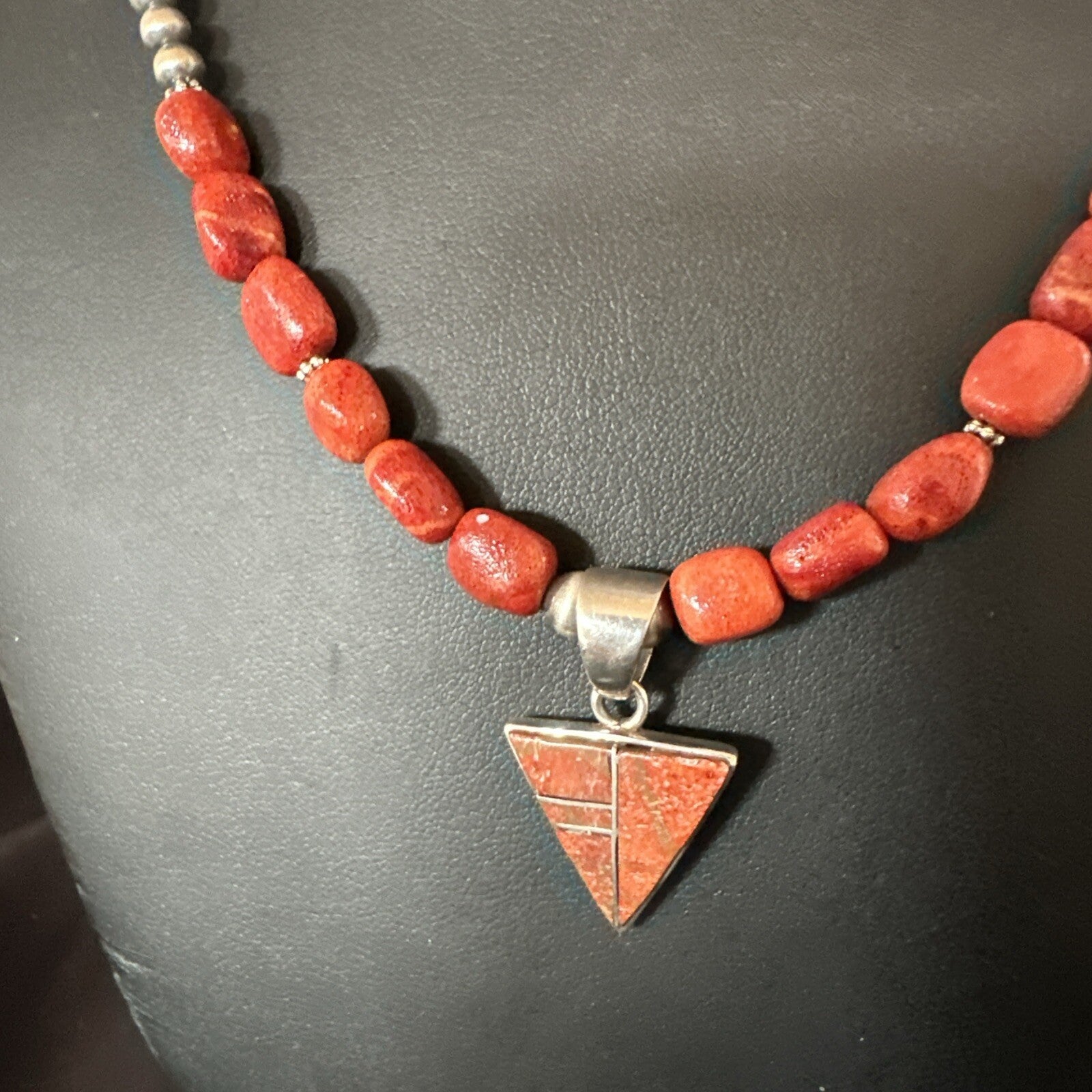 Navajo Apple Sponge Coral Sterling Silver Necklace Inlay Pendant 21” 18755