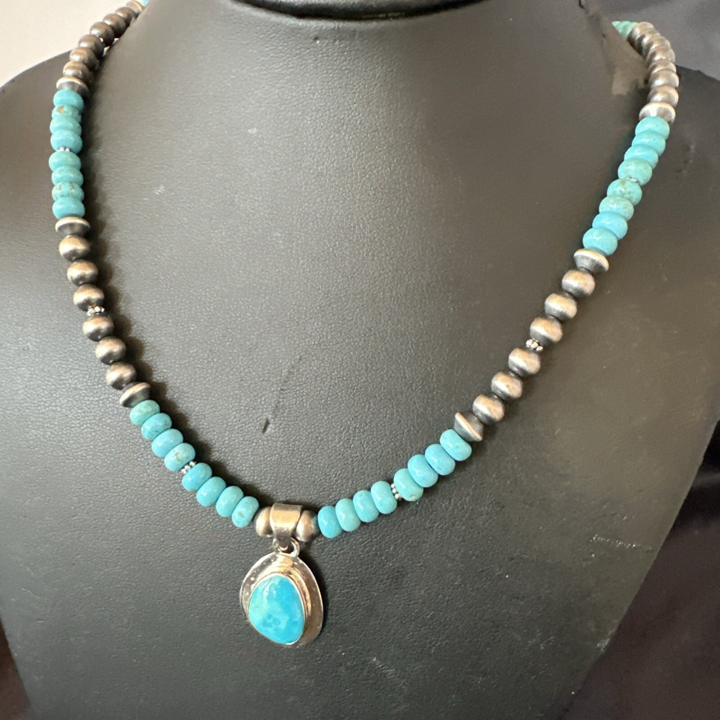 Mens Blue Kingman Turquoise Pendant Navajo Sterling Silver Necklace 21" 18113