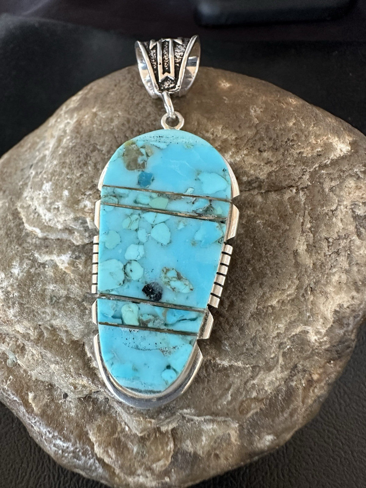 Navajo B E Inlay 925 Sterling Silver Turquoise Pendant Cobblestone 2.5" 19398