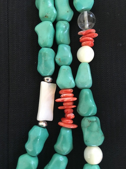 Turquoise, Mother Of Pearl, Spiny 3 Strands Navajo Sterling Silve Necklace 03262