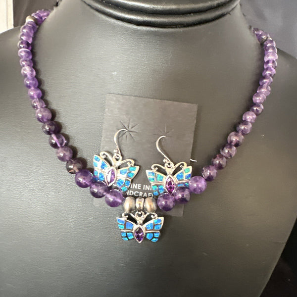 Butterfly Navajo Purple Amethyst Opal Necklace Earrings | Sterling Silver | Authentic Native American Handmade | 15299