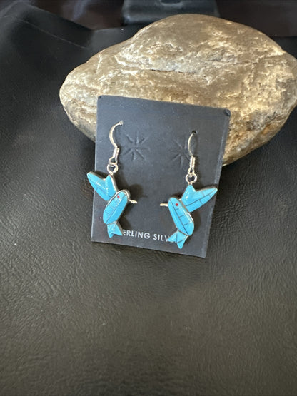 Blue Turquoise Navajo Sterling Silver Hummingbird Dangle Earrings 1424