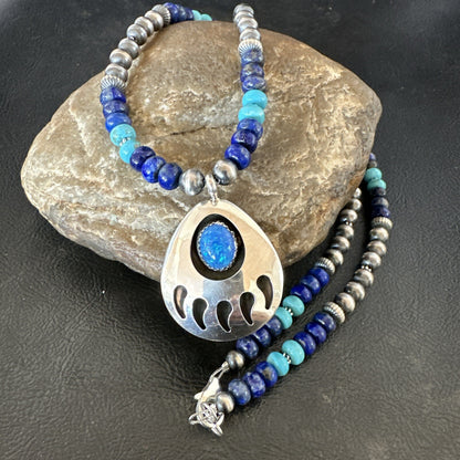 Mens Blue Turquoise Lapis BearPaw Pendant Navajo Sterling Silver Necklace 17882