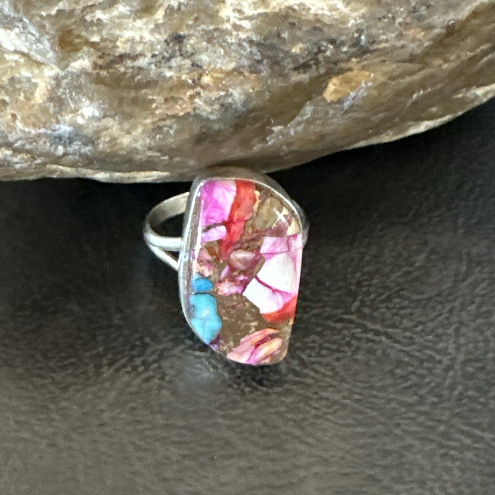 Blue Turquoise Spiny Oyster Navajo Sterling Silver Ring Size 8 18232