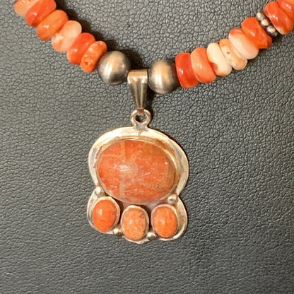 Apple Coral Pendant Spiny Oyster Navajo Pearls Sterling Silver Necklace 12389