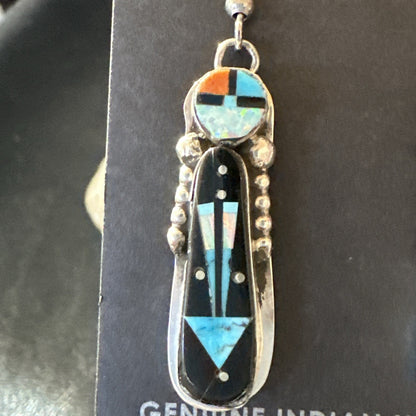 Navajo Onyx Opal Turquoise Inlay Earrings Sterling Silver Handmade 19773