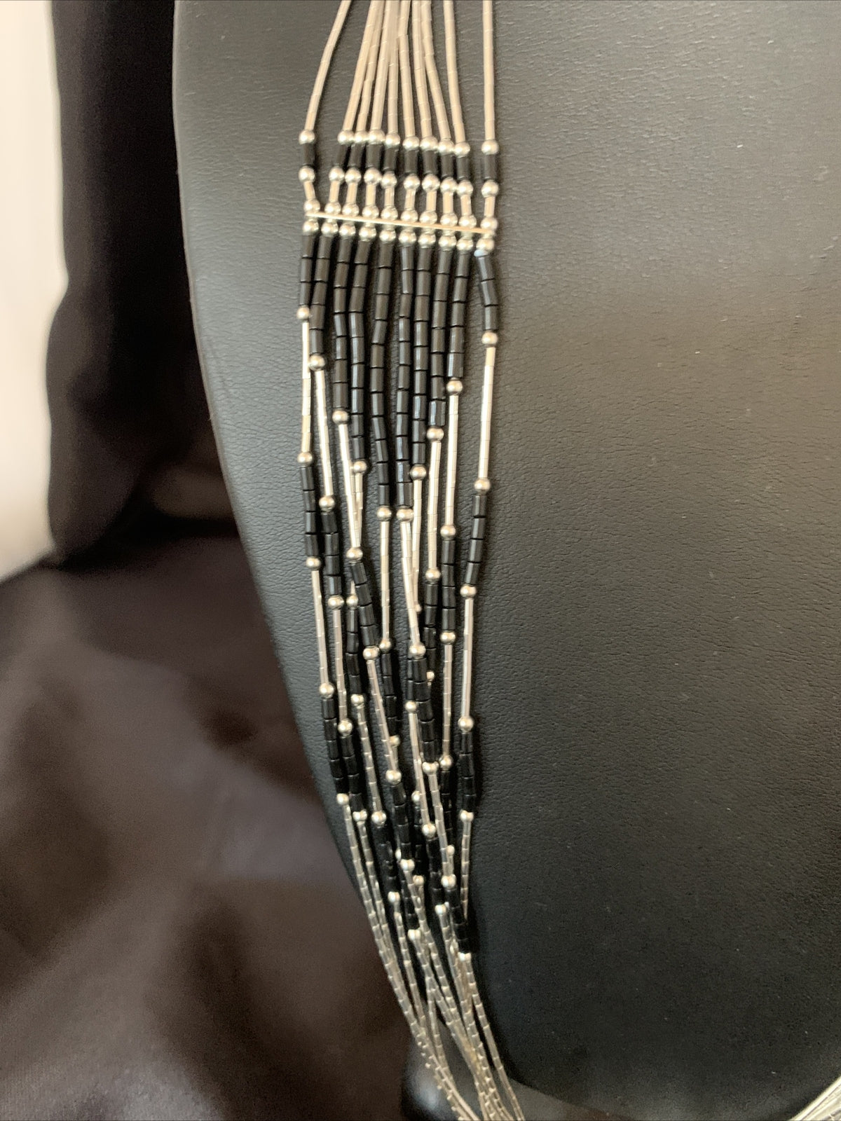 Black Onyx Liquid Silver 10 Strands Heishi Tubes 26" Necklace 13059