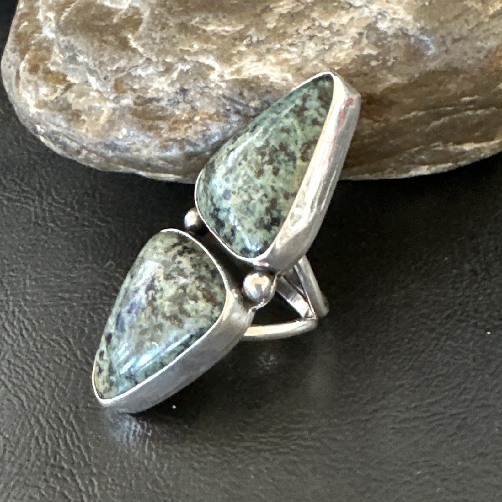 H Joe Womens Navajo Sterling Silver Green Turquoise Ring 2 Stone Size 7 19359