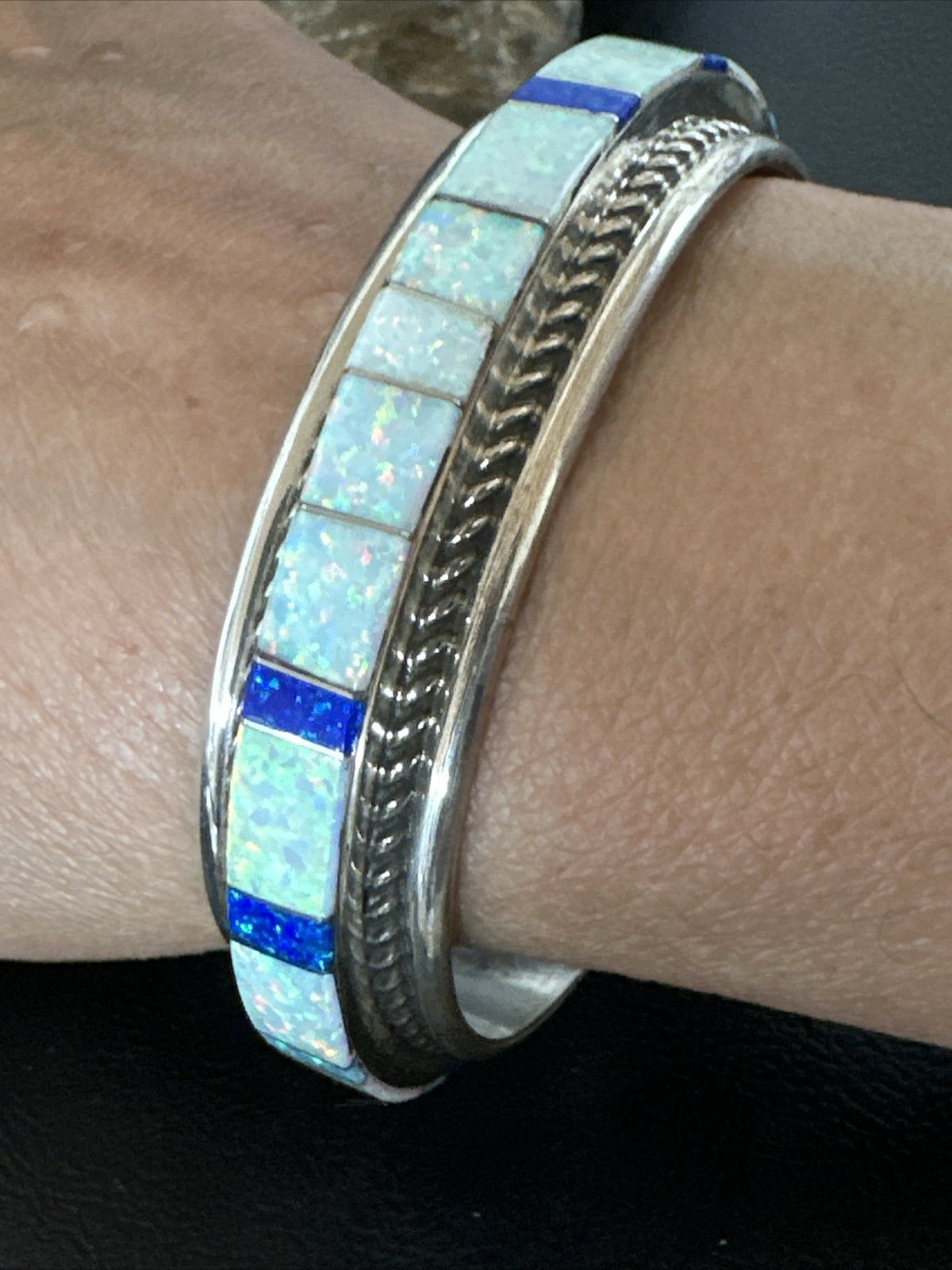 Blue Lapis Opal Zuni Sterling Silver Cuff Inlay Bracelet 17956