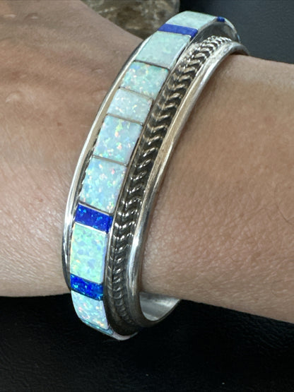 Blue Lapis Opal Zuni Sterling Silver Cuff Inlay Bracelet 17956