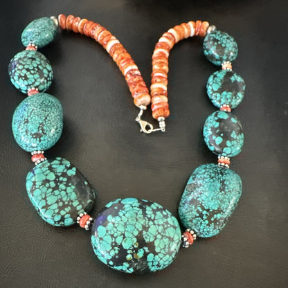 Blue Turquoise Red Spiny Chunky Navajo Sterling Silver Necklace 22” 19248