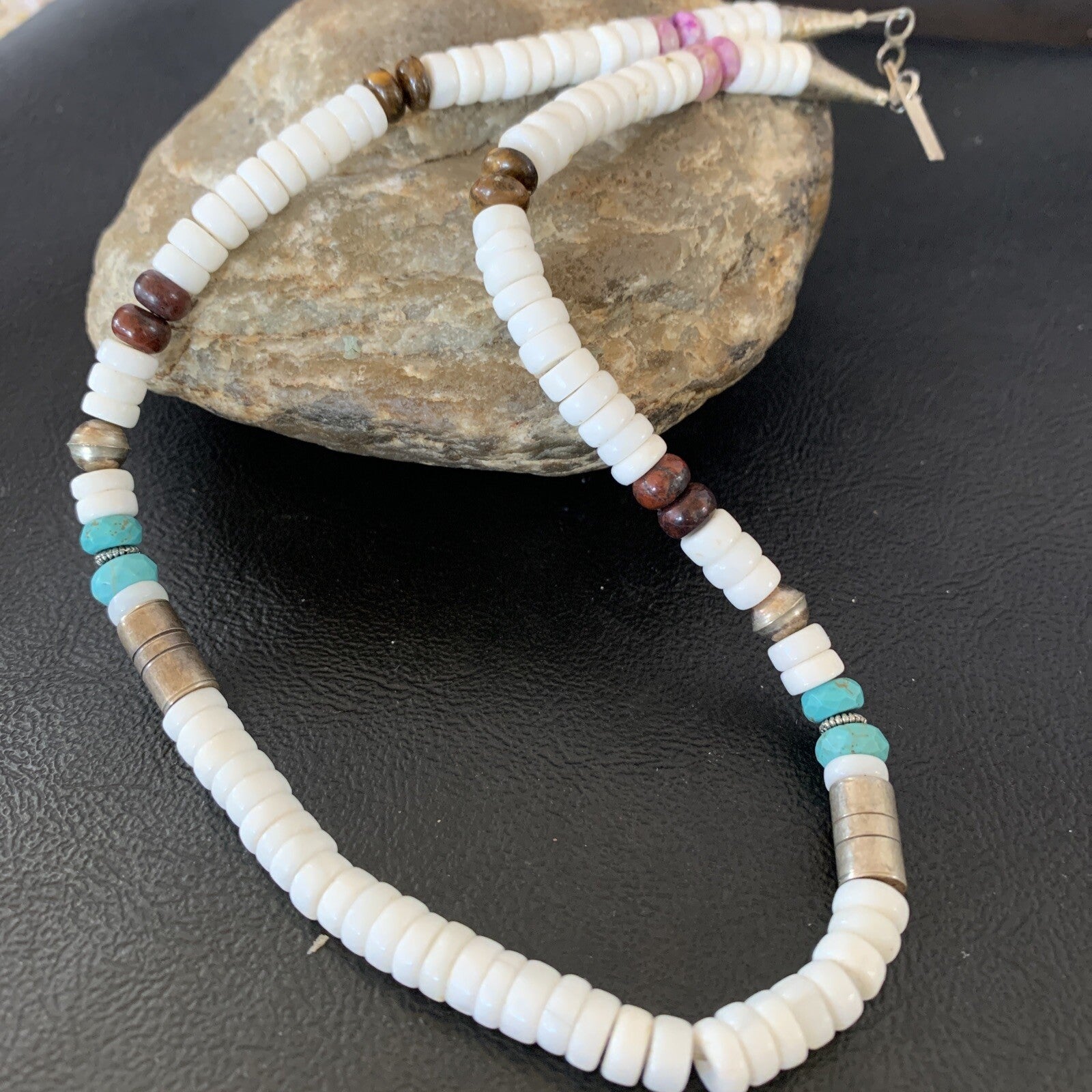 Turquoise Sugilte & Howlte Navajo Beads Sterling Silver Necklace 10395