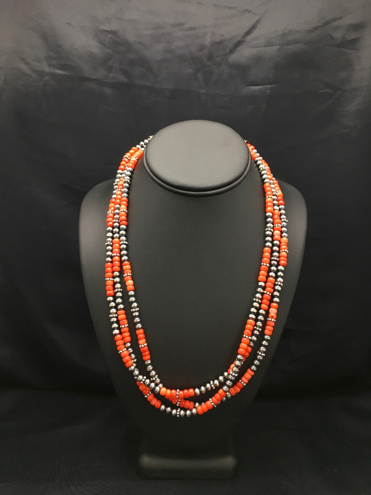 Red Coral 3 Strand Sterling Silver Navajo Necklace 02585