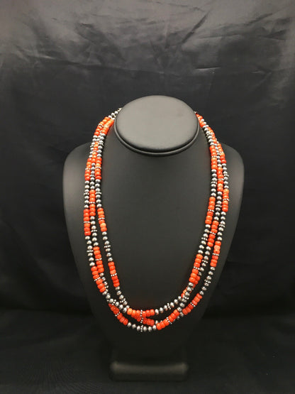 Red Coral 3 Strand Sterling Silver Navajo Necklace 02585
