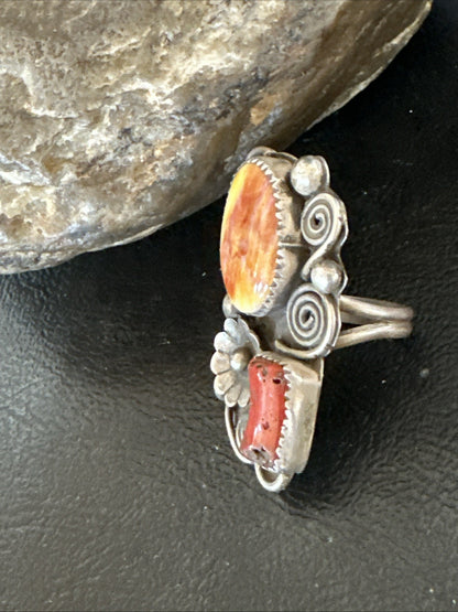 Old Pawn Spiny Oyster Coral Navajo Sterling Silver Cluster Ring Sz 6 19762